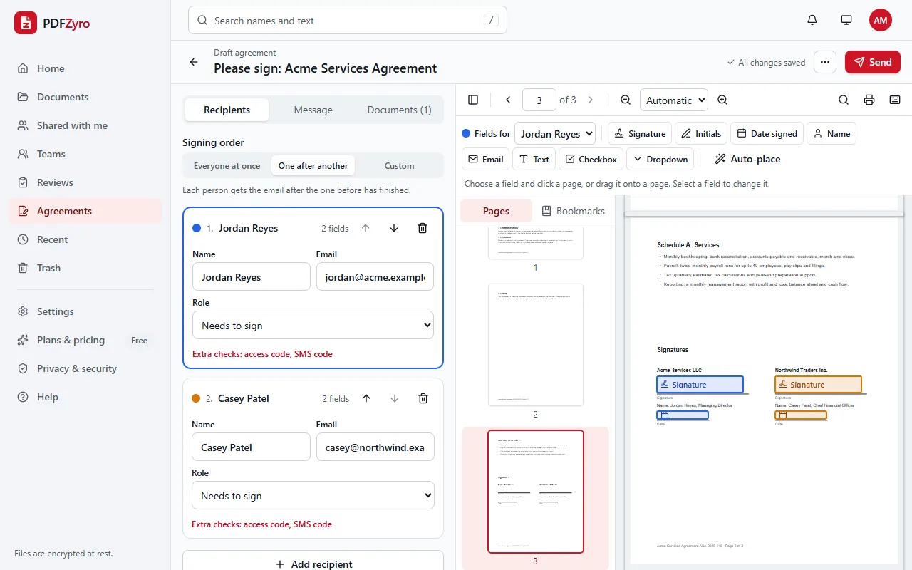 Setting up a signature request in PDFZyro: two signers, Jordan Reyes and Casey Patel, signing one after another, with signature and date fields placed on the agreement's signature page.