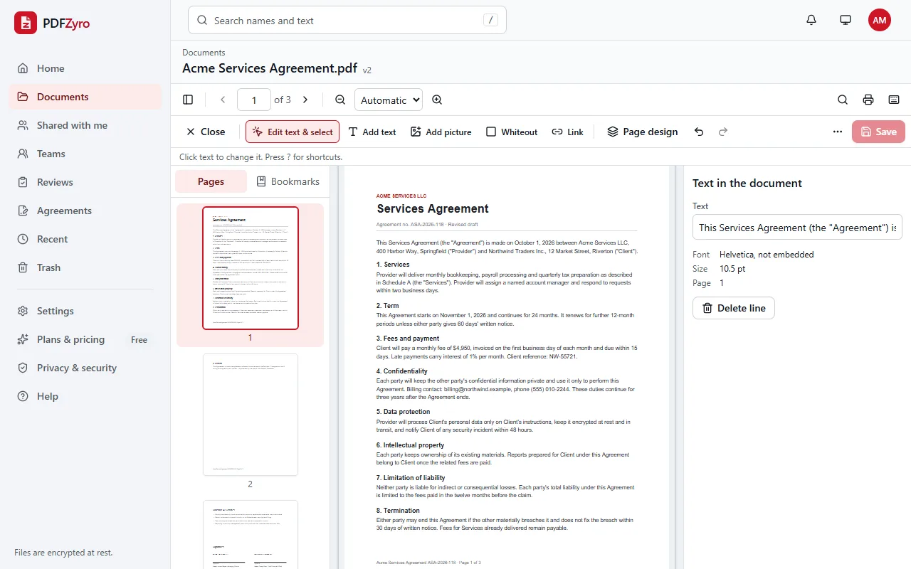 Edit mode in PDFZyro with a services agreement open and one line of text selected: the side panel shows its text, font and size, under a toolbar with Edit text and select, Add text, Add picture, Whiteout, Link and Page design.