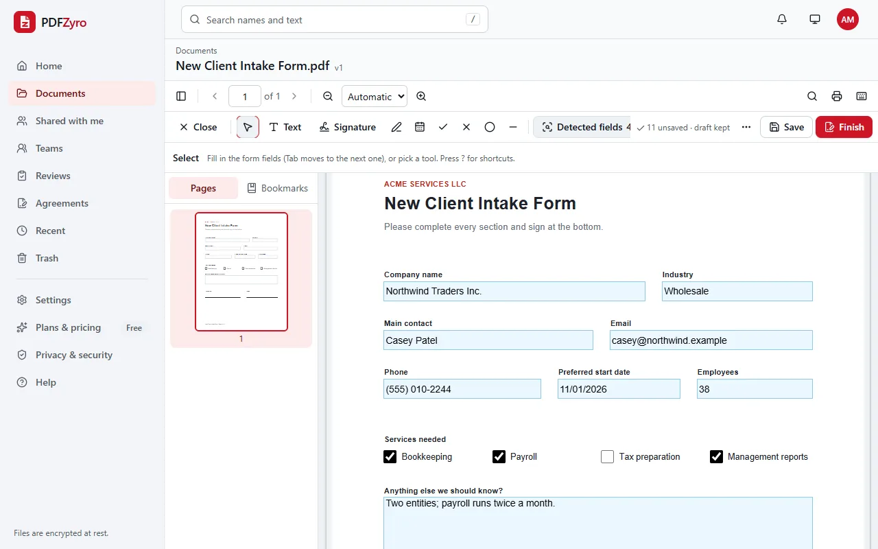 Fill & Sign mode in PDFZyro with a client intake form being filled in: company name, contact, email, phone and start date typed into the form fields and three service checkboxes ticked.
