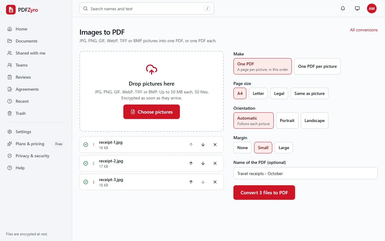 The Images to PDF tool in PDFZyro with three photos of receipts added in order and named Travel receipts - October, with page size, orientation and margin options, ready to make one PDF.
