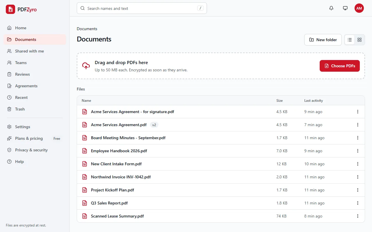 The PDFZyro document library listing sample files such as Acme Services Agreement, Northwind Invoice INV-1042 and Q3 Sales Report, with their size and last activity, and a drop zone for uploading PDFs.