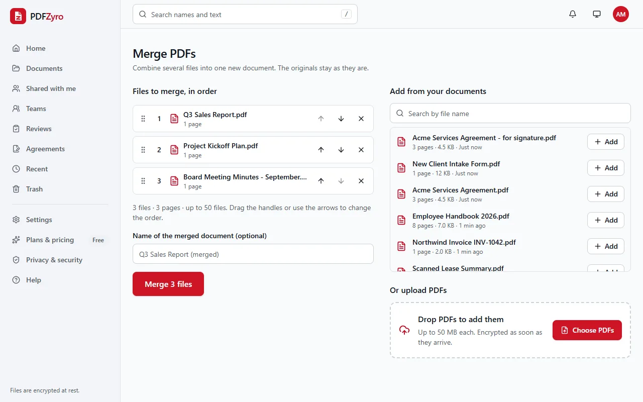 The Merge PDFs tool in PDFZyro with three files in order (Q3 Sales Report, Project Kickoff Plan and Board Meeting Minutes), arrows to reorder them and a Merge 3 files button, next to the list of documents to add.