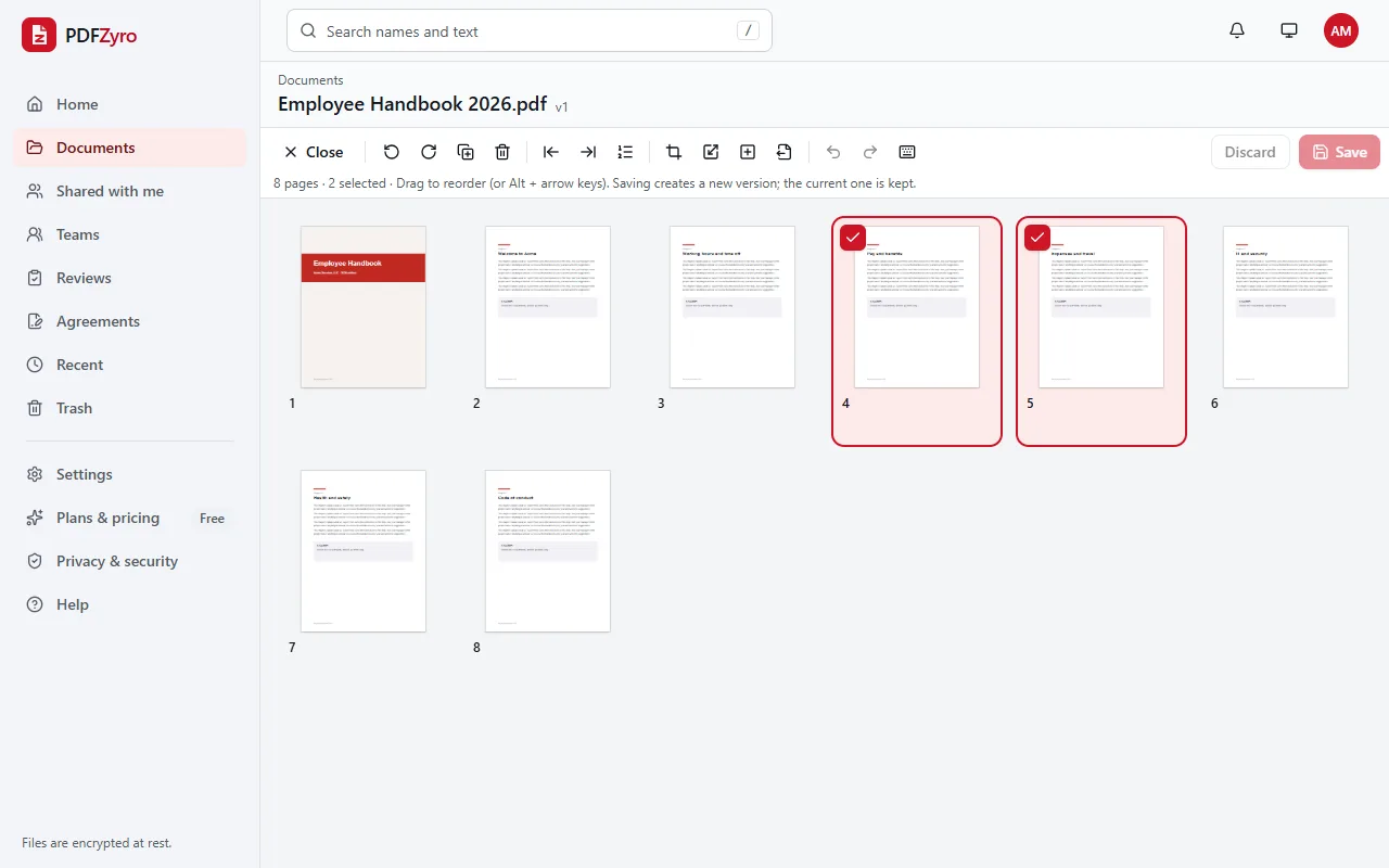 Organize pages mode in PDFZyro with pages 4 and 5 of an 8-page employee handbook selected, ready to be copied into a new document with the Extract selected pages button in the toolbar.