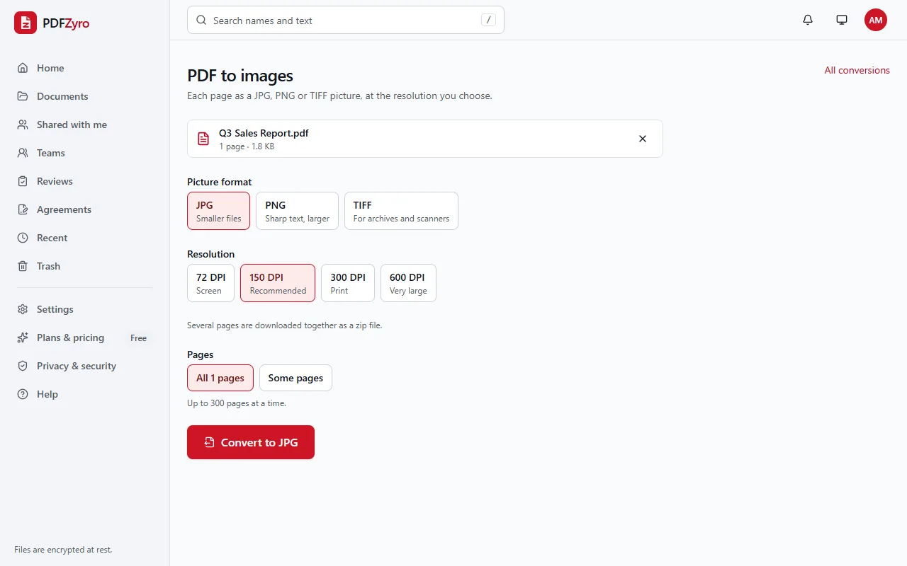 The PDF to images tool in PDFZyro with a sales report chosen, a choice of JPG, PNG or TIFF pictures and a resolution from 72 to 600 DPI.