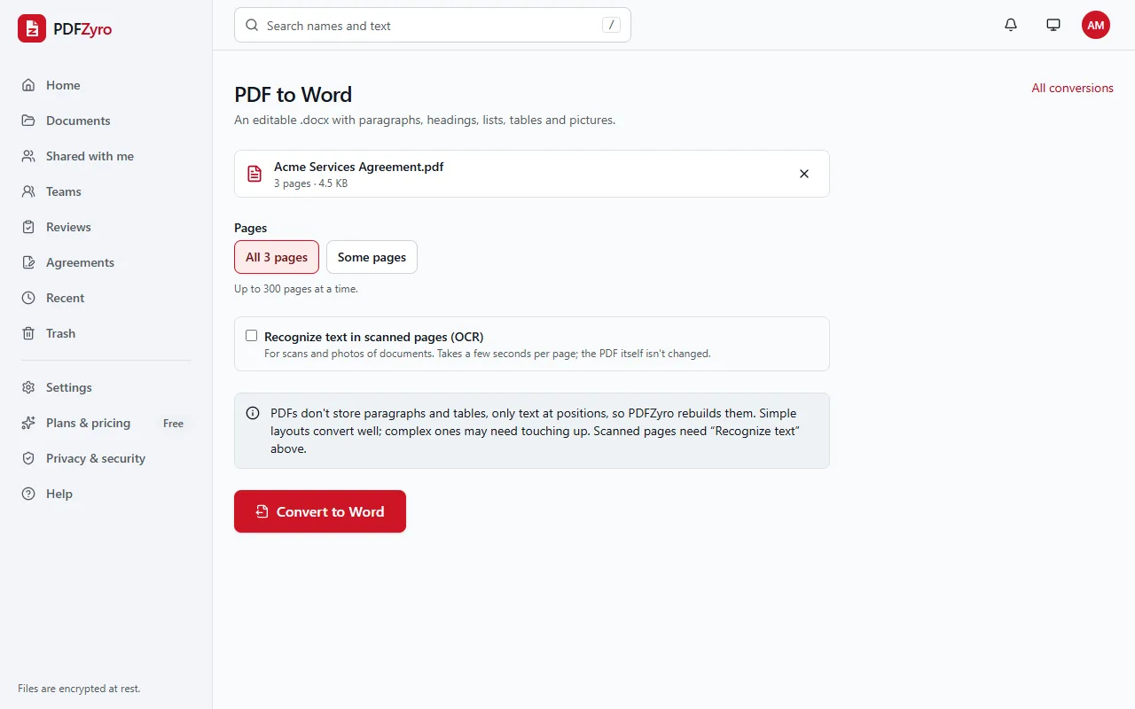 The PDF to Word tool in PDFZyro with a services agreement chosen, the pages to convert and an option to recognize text in scanned pages.