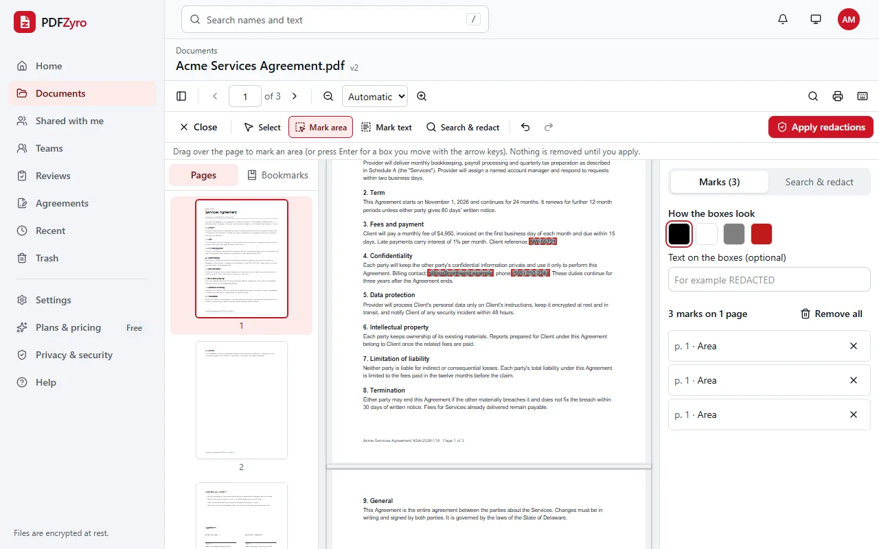 Redact mode in PDFZyro: a client reference, an email address and a phone number in a services agreement are marked for redaction, with the list of marks and the box colour on the right and an Apply redactions button.