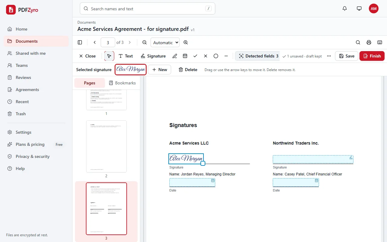Signing a PDF in PDFZyro: a saved signature, Alex Morgan, placed on the signature line of a services agreement in Fill & Sign mode, with the other signature and date lines detected as places to fill in.
