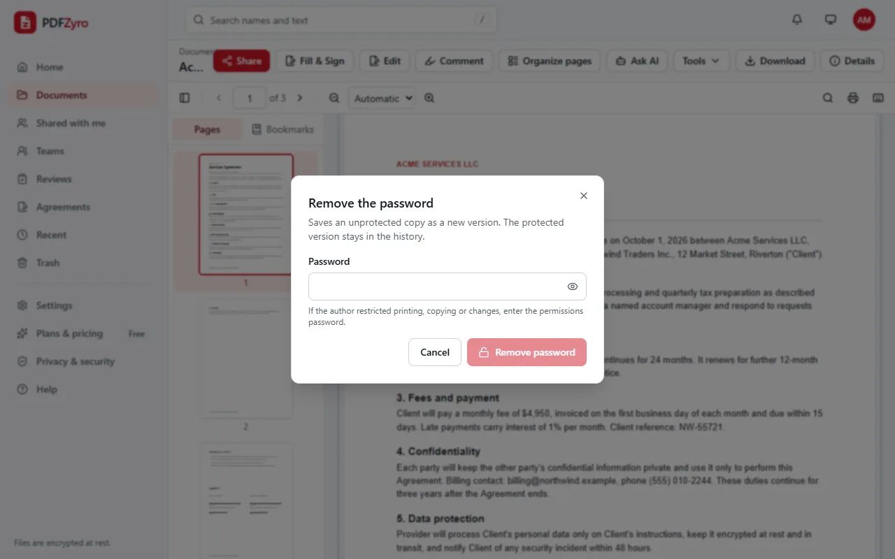 The Remove the password dialog in PDFZyro over a services agreement, asking for the password and saving an unprotected copy as a new version.