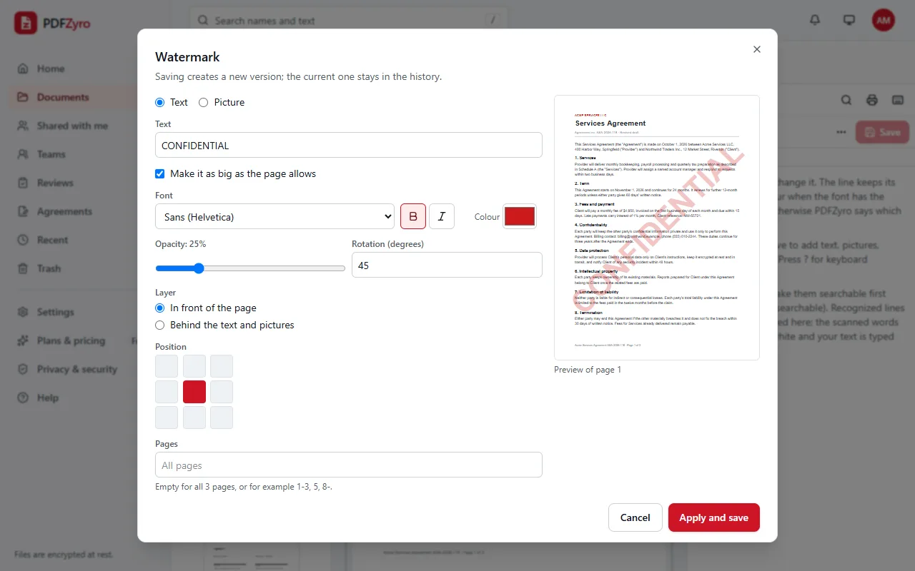 The Watermark dialog in PDFZyro with the text CONFIDENTIAL, its font, colour, opacity, rotation, layer, position and pages, and a preview of the agreement with the watermark across it.
